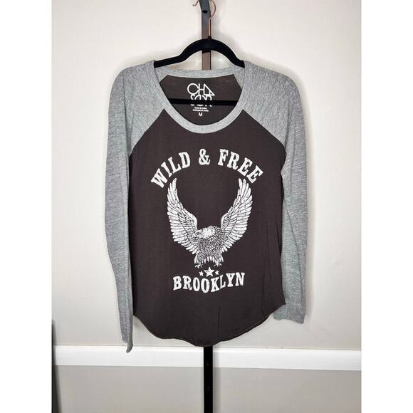 Chaser Wild & Free Brooklyn Eagle Graphic Raglan Tee in Black/Gray Size Medium - Picture 2 of 6